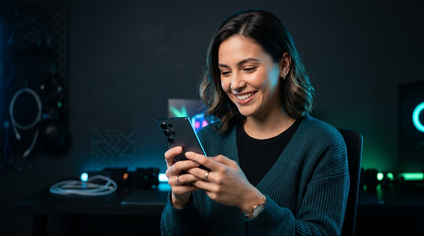 Cliente feliz com smartphone novo